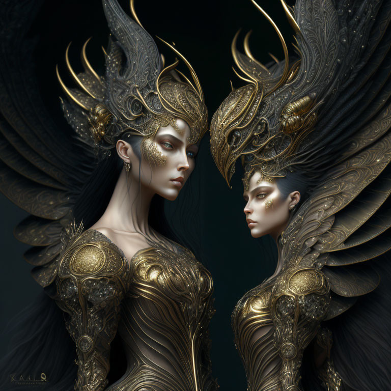 Ornately adorned figures in golden armor and feathered headdresses against dark backdrop