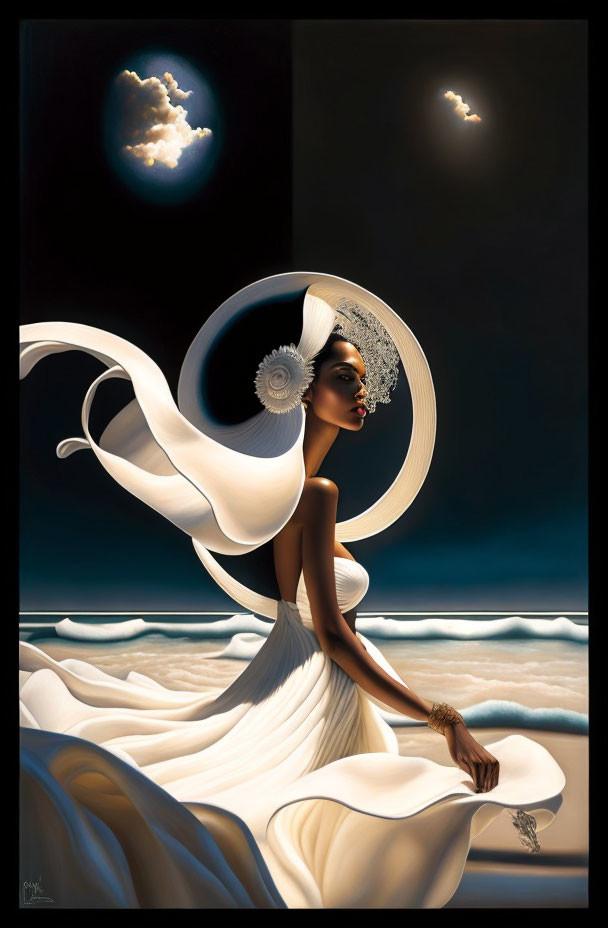 Elegant woman in white gown under surreal night sky