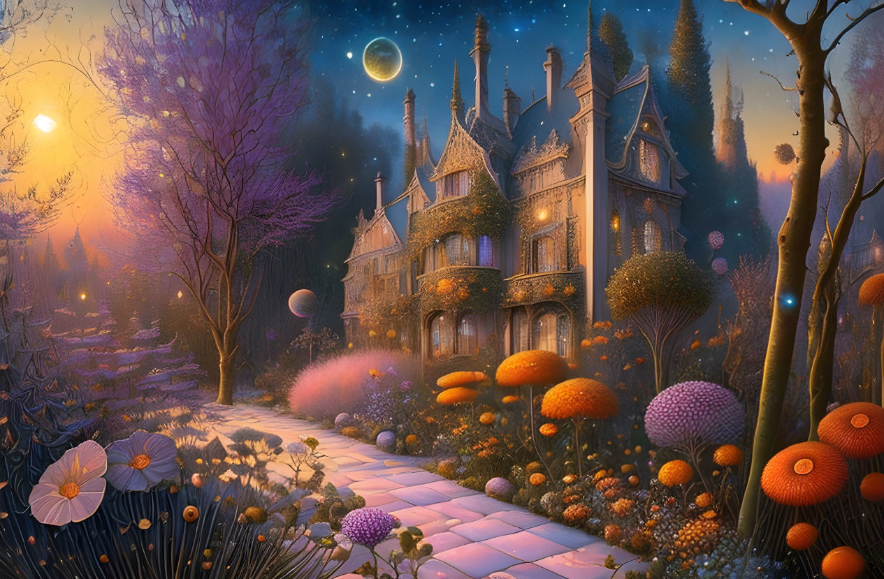 Victorian house in twilight with glowing gardens and crescent moon