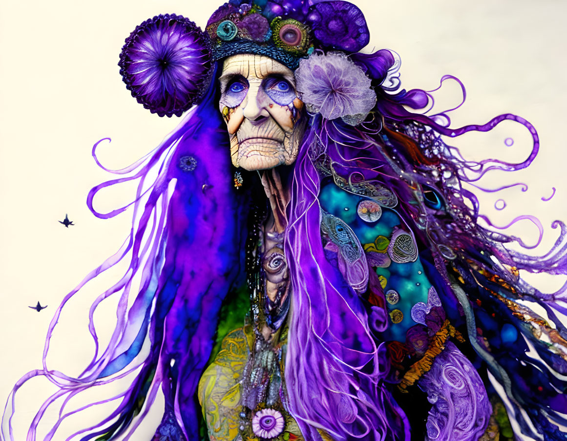 Colorful Elderly Mystic Figure with Purple Tentacle-Like Hair and Shell Adornments