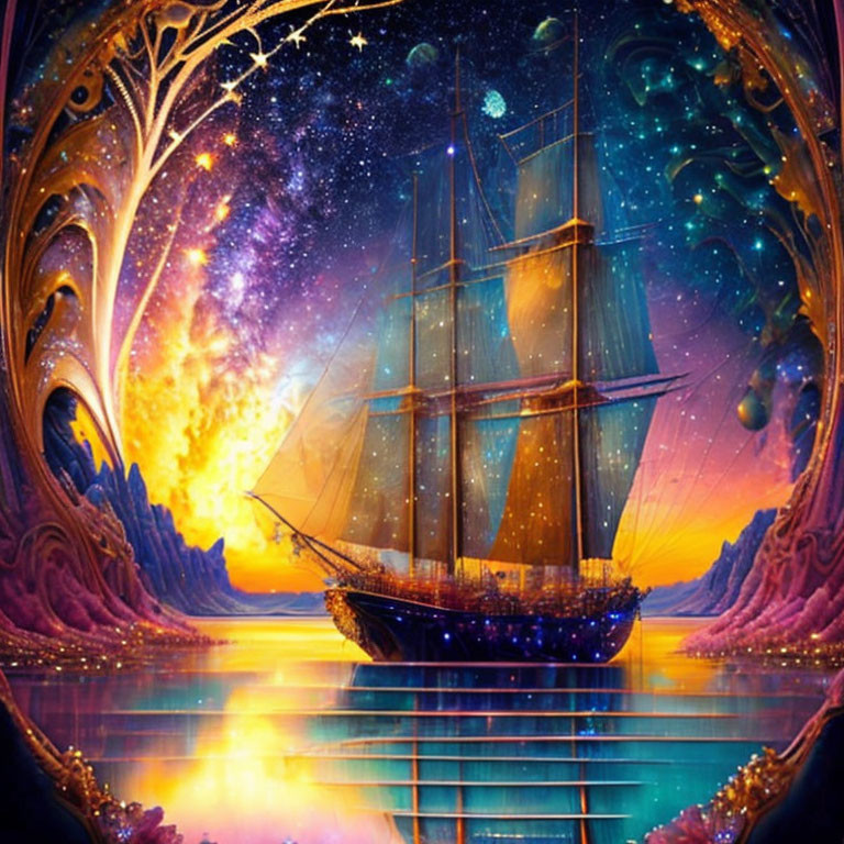 Sailing ship on reflective sea under vibrant cosmic sky