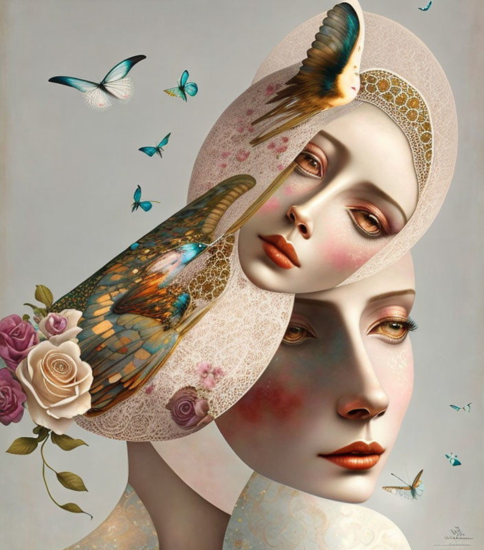 Surreal Artwork Featuring Two Female Faces and Nature Elements