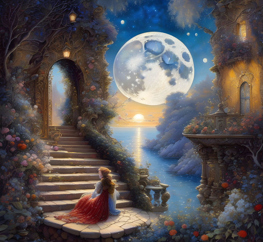 Woman in Red Dress Gazes at Full Moon Over Calm Sea from Enchanted Stairway