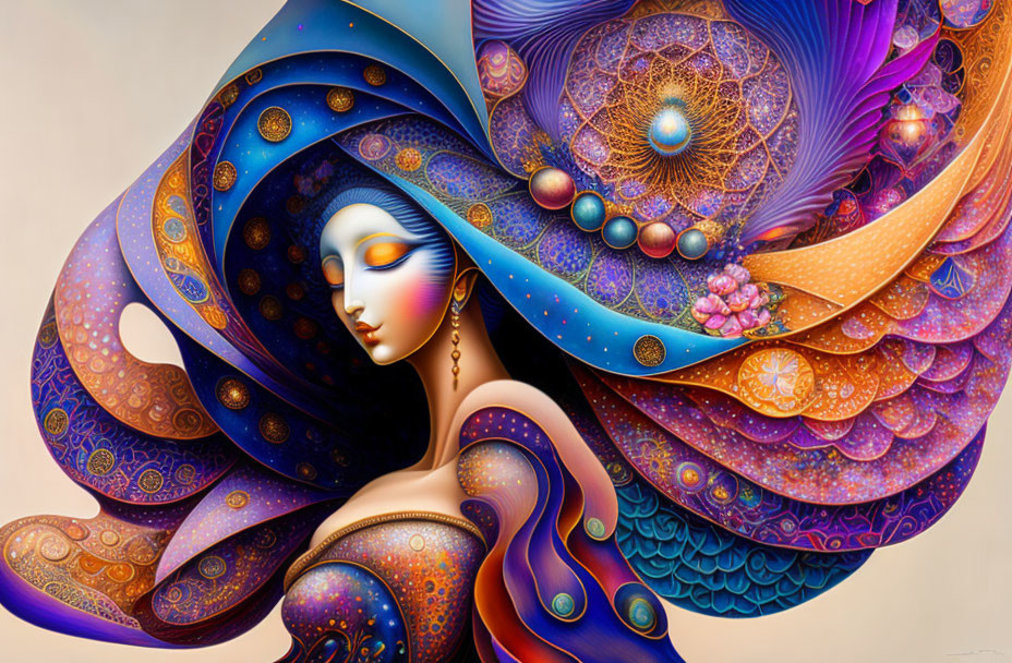 Colorful abstract art: Stylized woman with flowing, patterned hair in blue, purple,