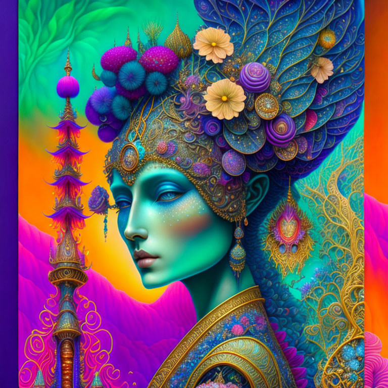 Colorful digital artwork: Female figure with ornate headdress, jewelry, and peacock feather motif