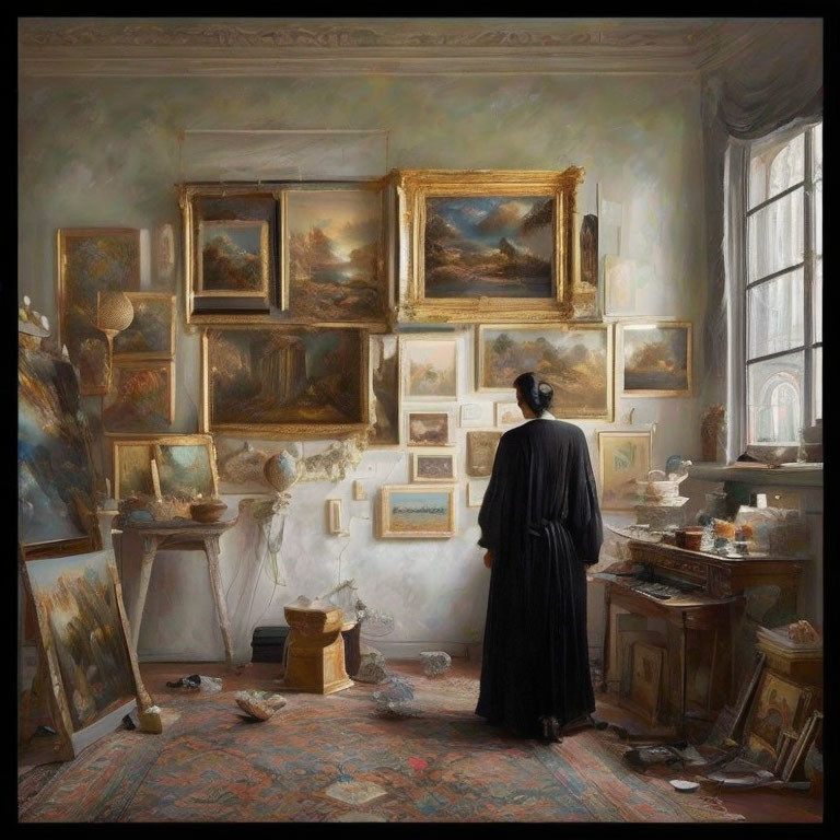 Person in black attire in contemplative pose surrounded by art-filled room.