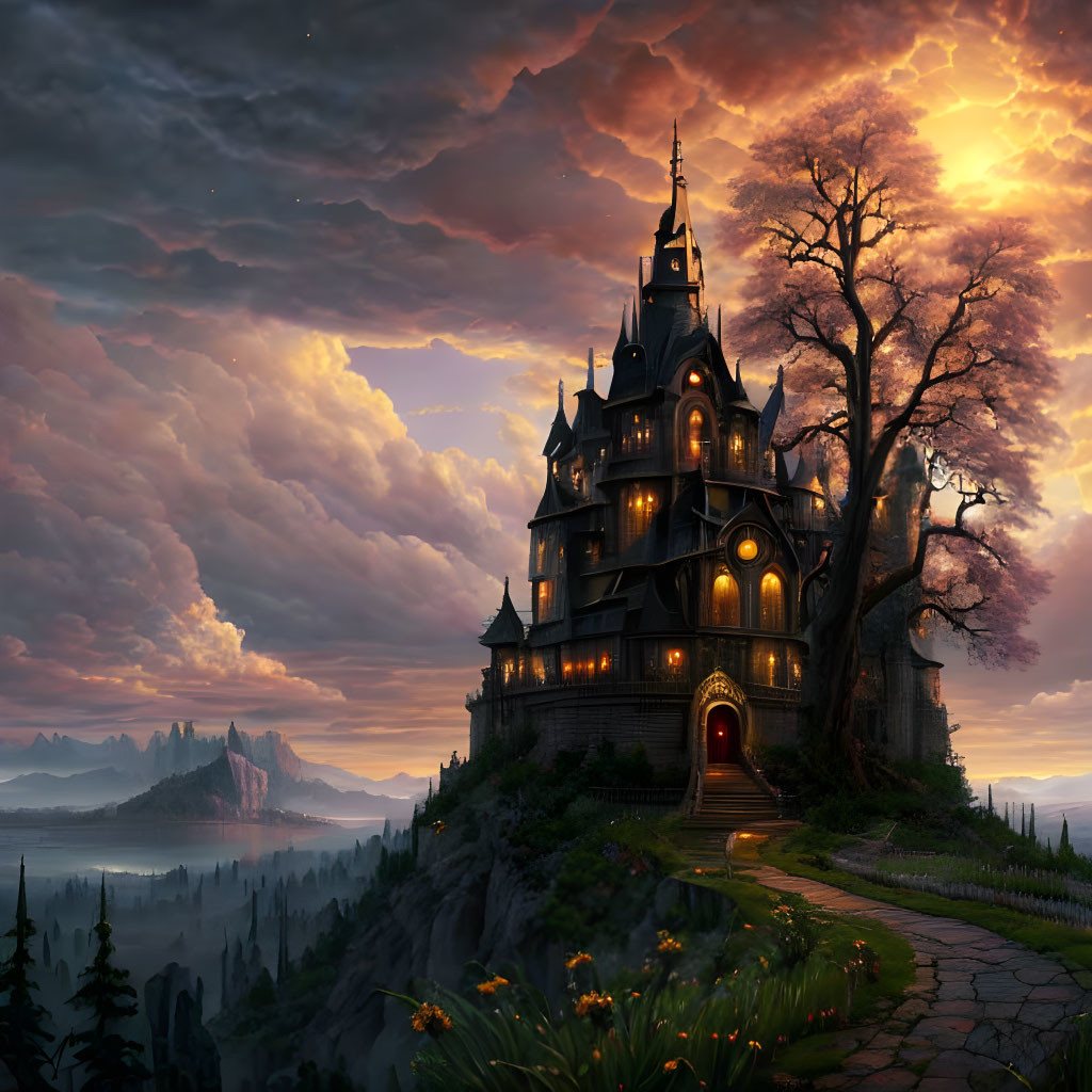 Enchanting castle on hill with glowing pathway and ancient tree under dramatic sunset sky