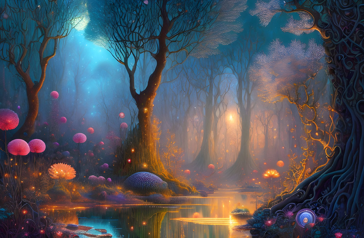 Enchanted forest with glowing trees, luminescent mushrooms, and tranquil river