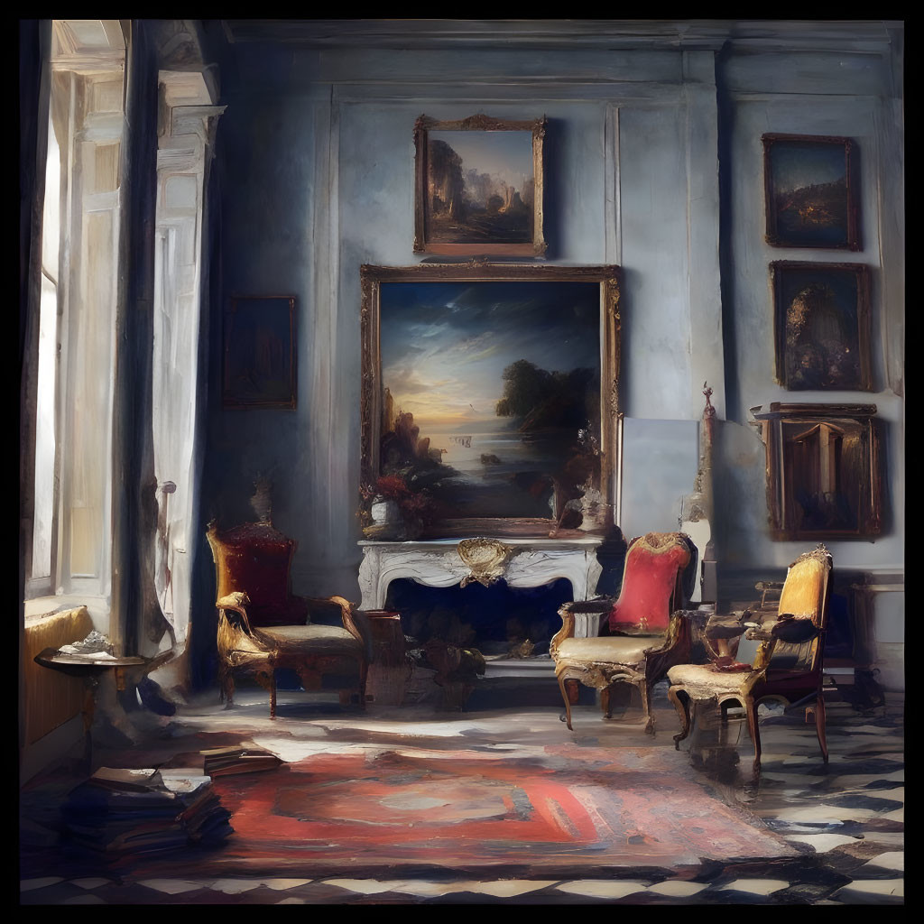 Classical paintings, ornate furniture, fireplace, mirror, red rug, tall windows - Elegant Room