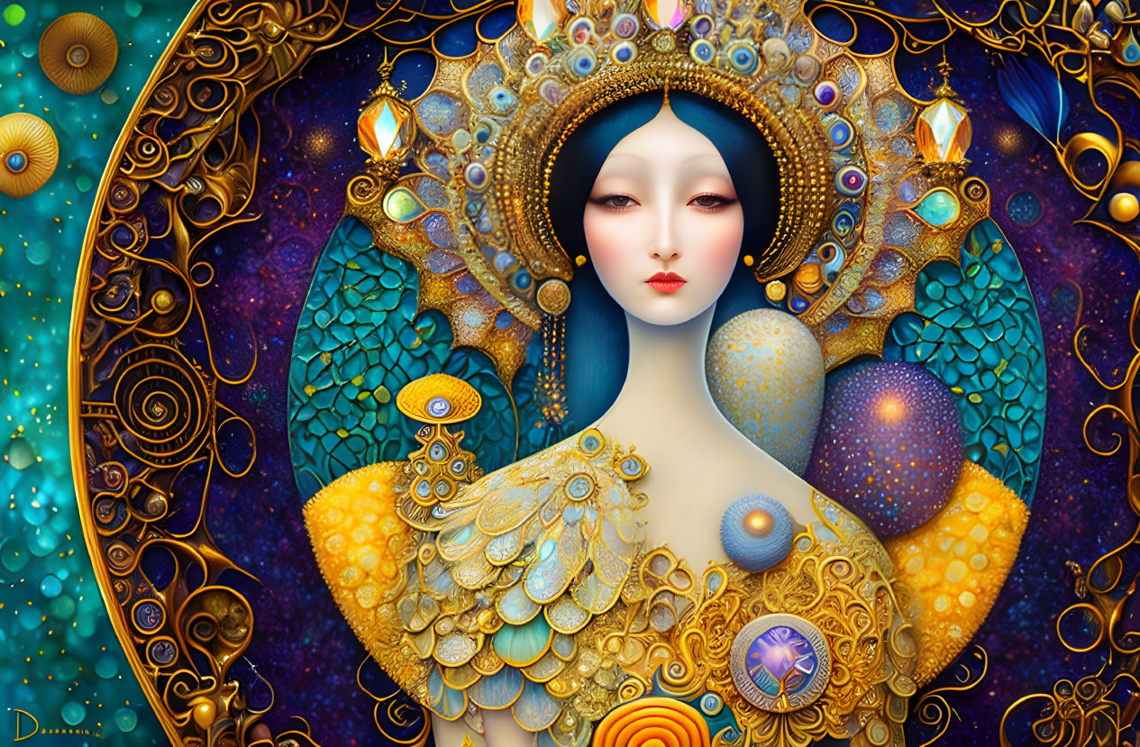 Digital artwork of woman with celestial headpiece and peacock feathers.