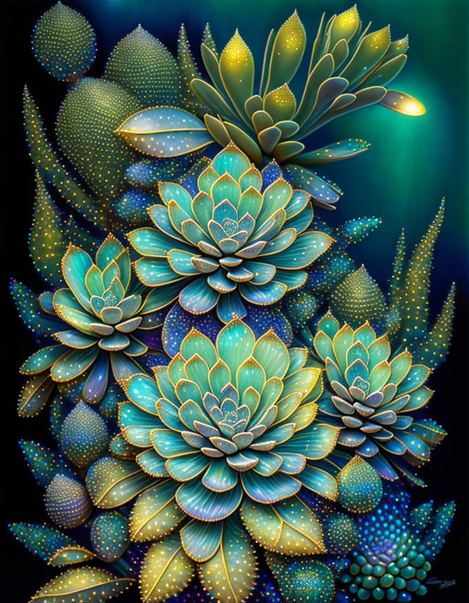 Vibrant Succulent Illustration with Luminous Teal and Green Colors