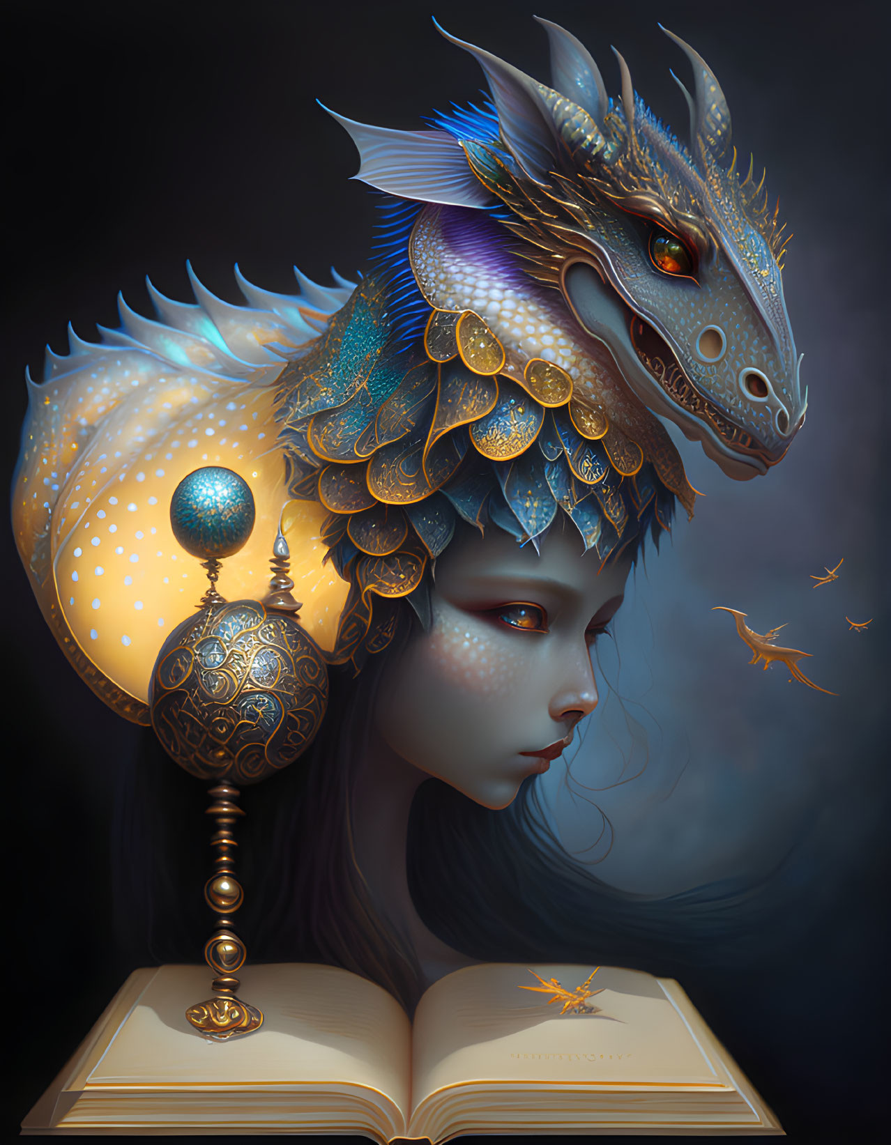 Woman with serene expression and dragon headdress above open book with floating symbols.