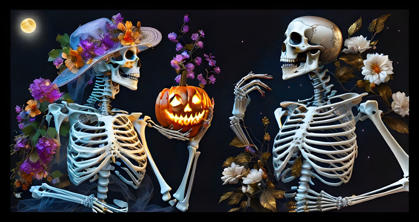 Skeletons with flower decorations in hats, holding lantern, under moonlit sky