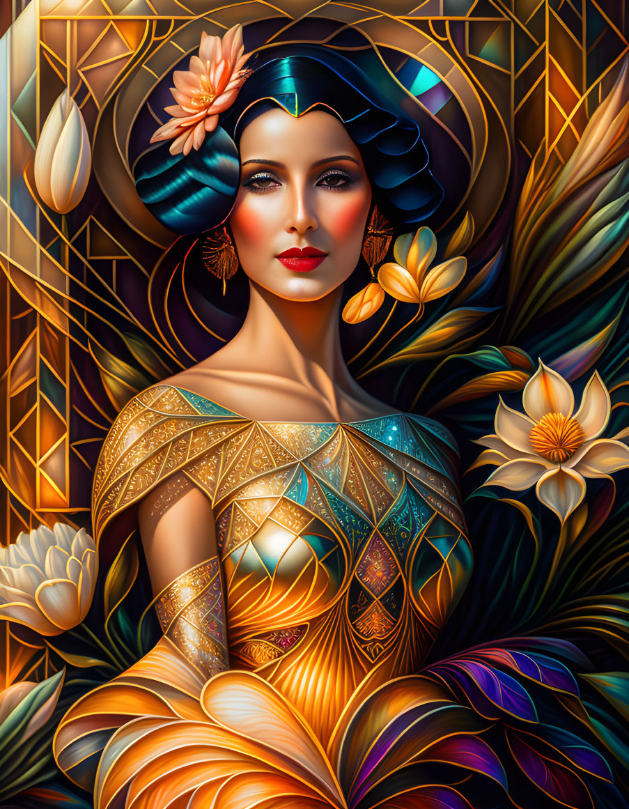 Art Deco Style Woman Illustration with Geometric Patterns & Colorful Flowers