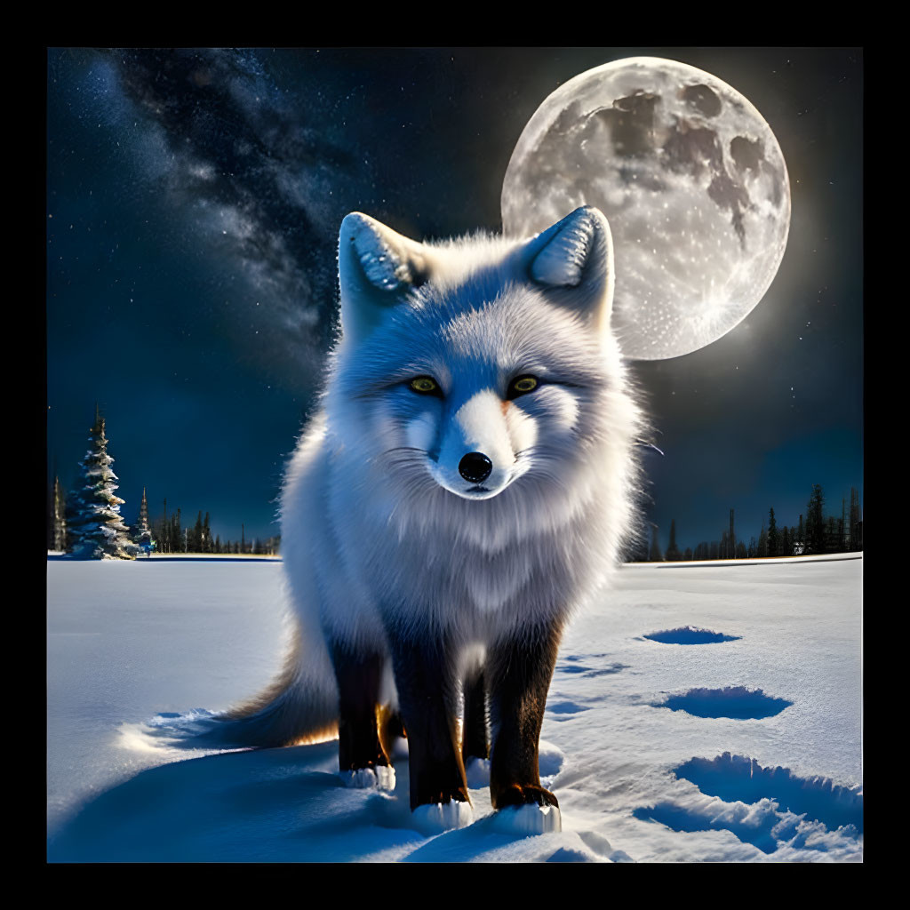 Fox in Snowy Landscape Under Full Moon and Starry Sky