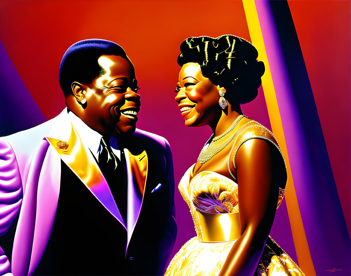 Colorful Illustration of Smiling Couple in Blue and Gold Attire