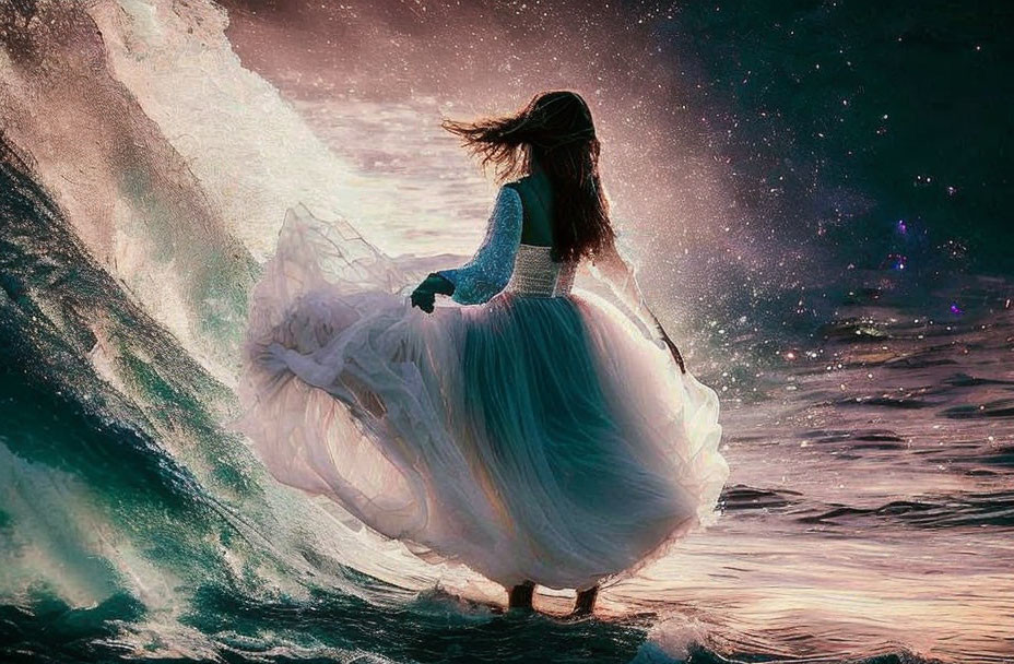 Woman in white dress by crashing wave at twilight