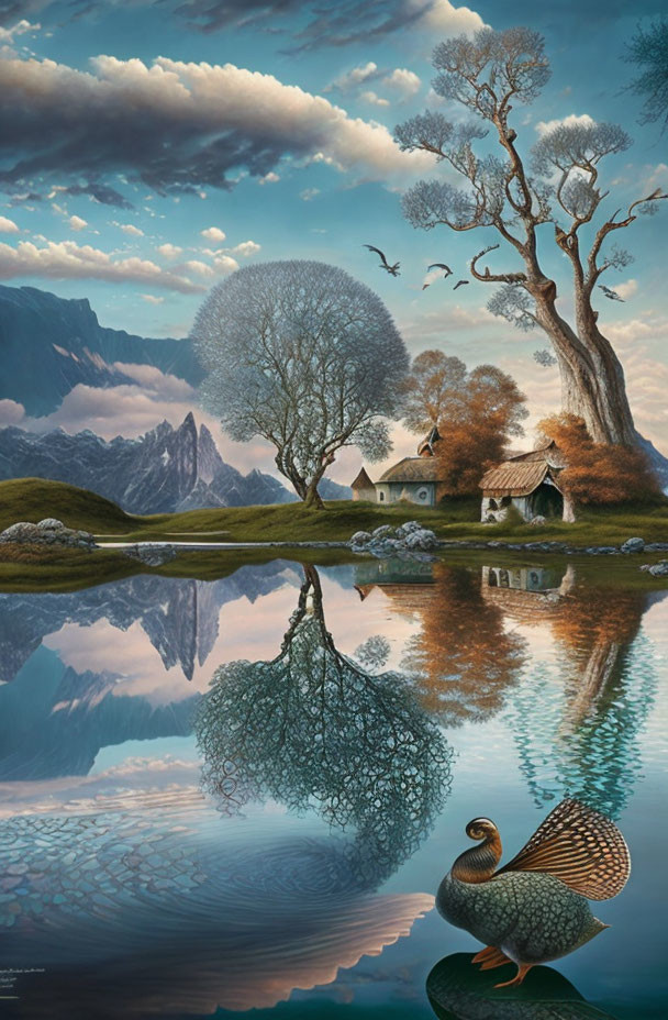 Serene landscape with lake, house, trees, mountains, birds, and partridge