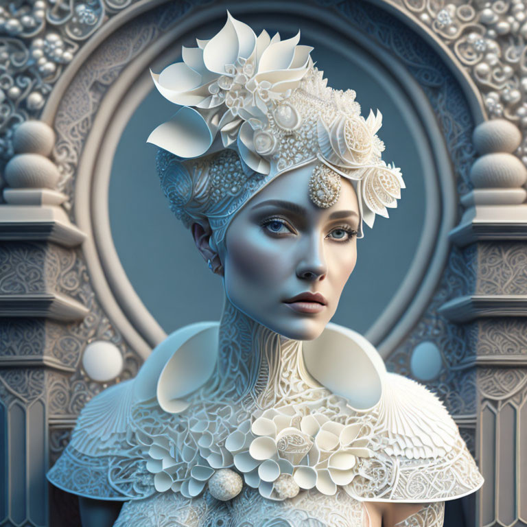 Detailed 3D-rendered portrait of woman in ornate white attire against circular backdrop