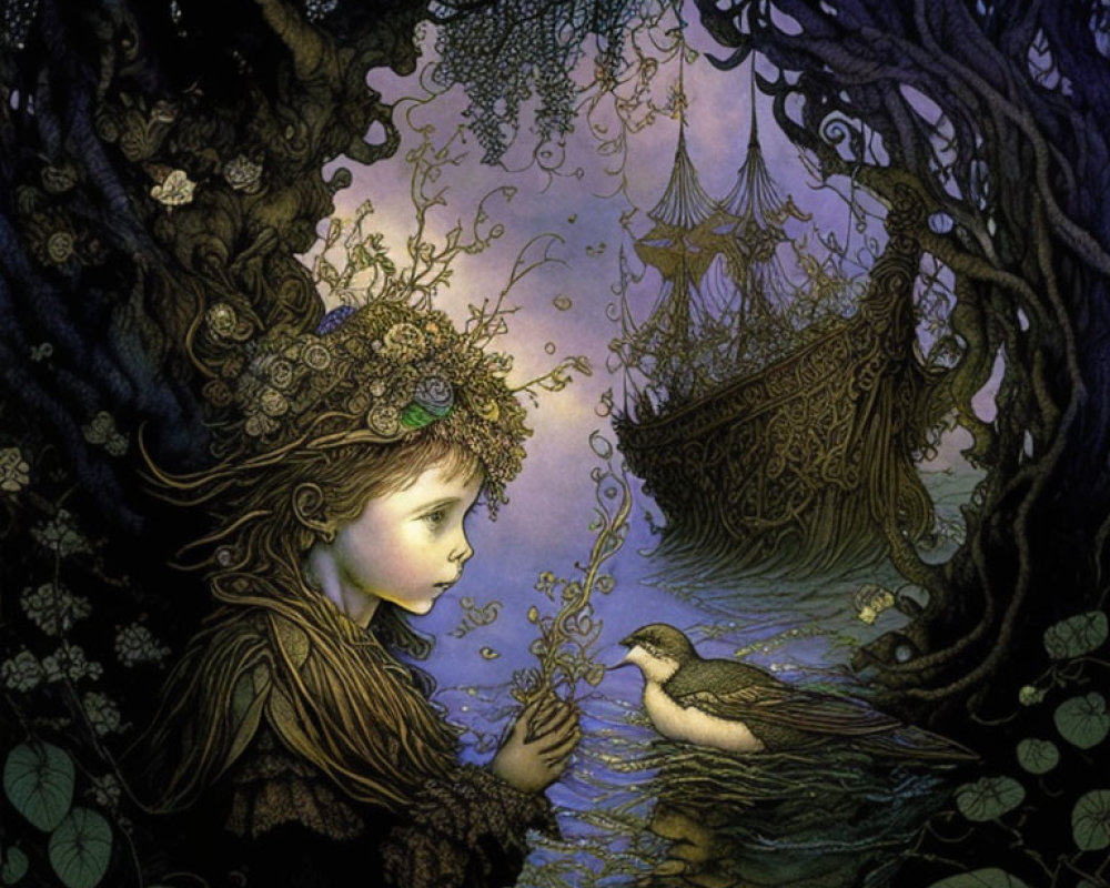 Child with bird in magical forest setting with boat - whimsical illustration