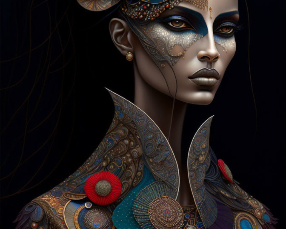 Ornate collar and bold makeup in dark background