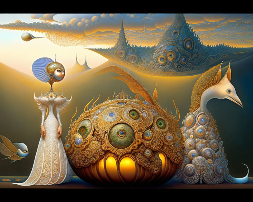 Surreal artwork featuring woman, bird creature, and peacock entity