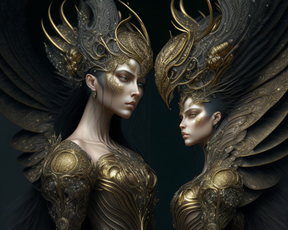 Ornately adorned figures in golden armor and feathered headdresses against dark backdrop