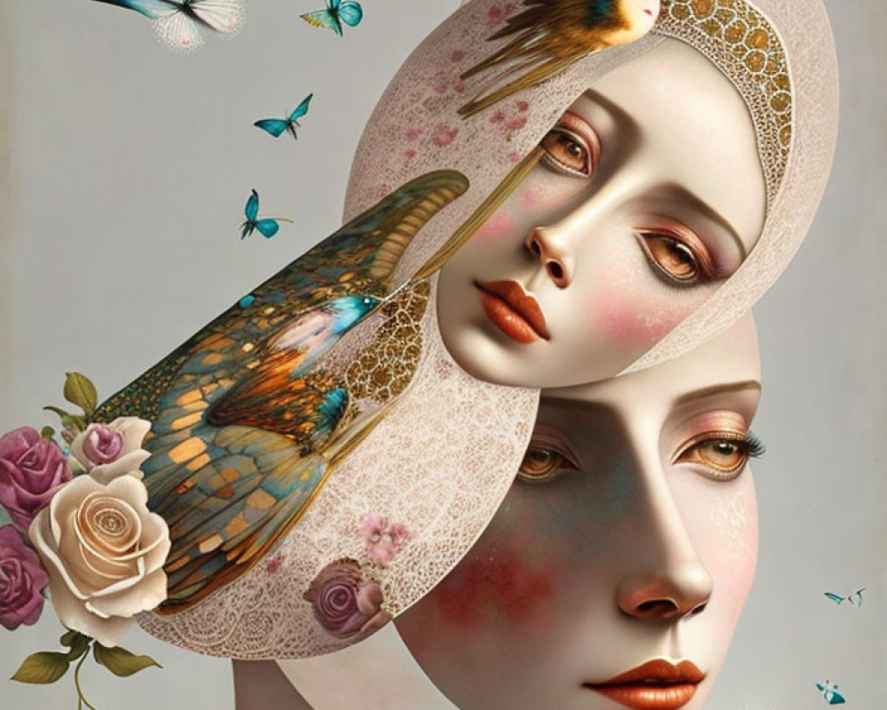 Surreal Artwork Featuring Two Female Faces and Nature Elements