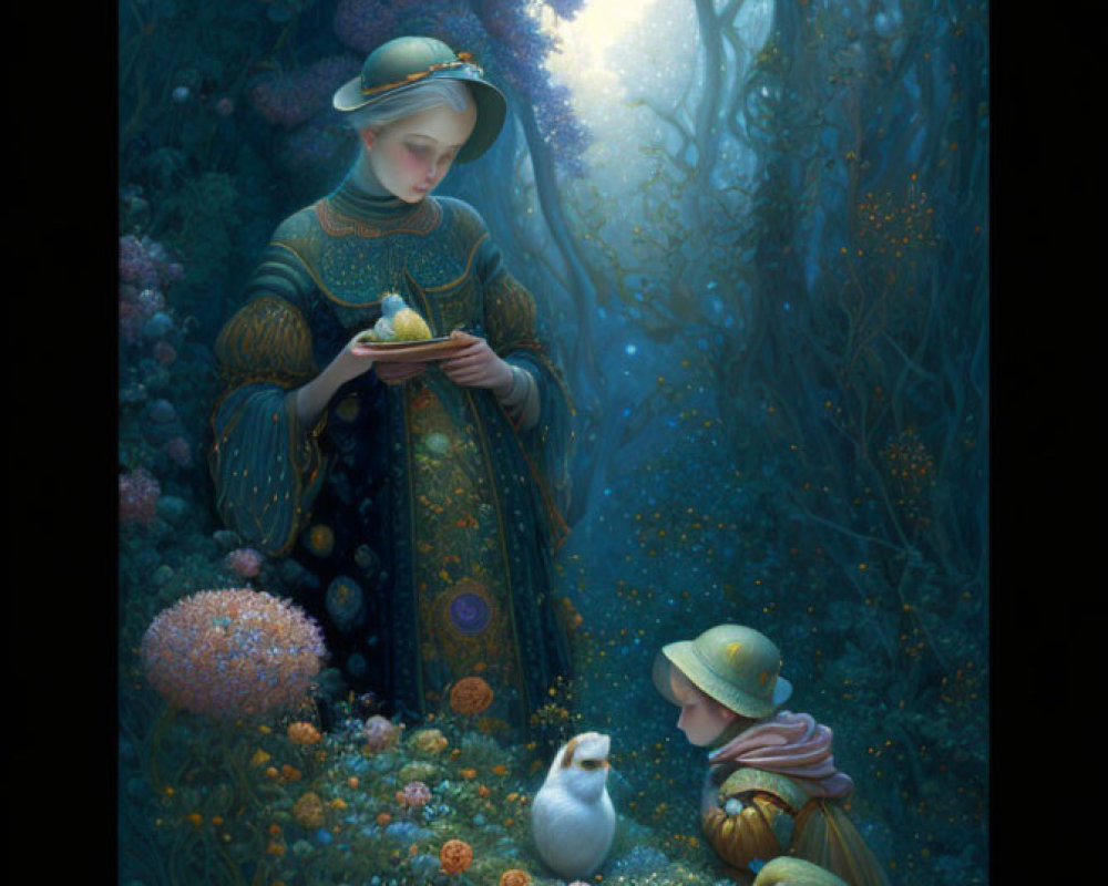 Vintage clothing woman and child with luminescent bird in enchanted garden