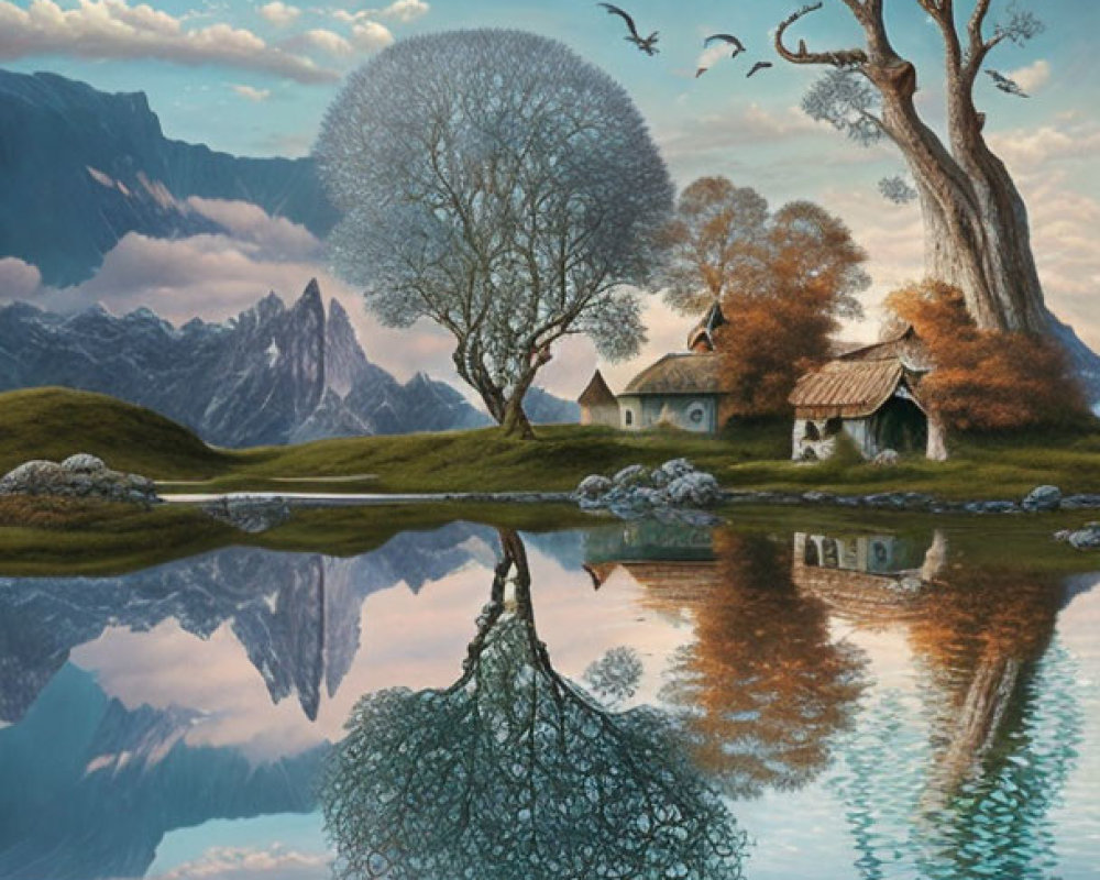 Serene landscape with lake, house, trees, mountains, birds, and partridge