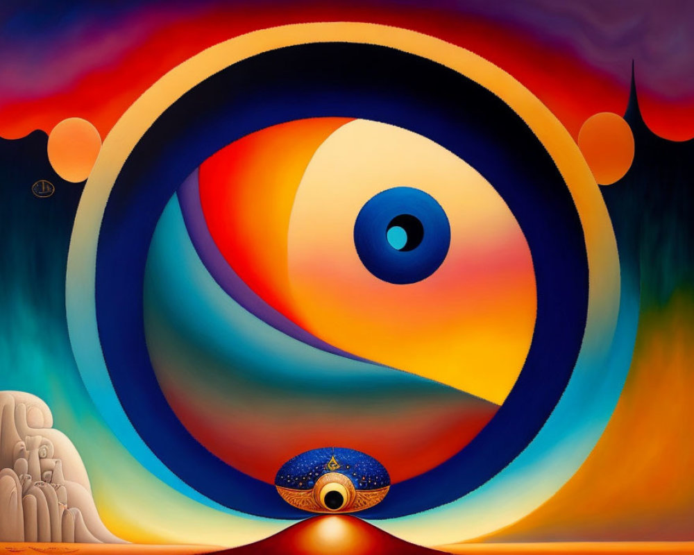 Vibrant concentric circles and swirling patterns around an eye with blue sphere