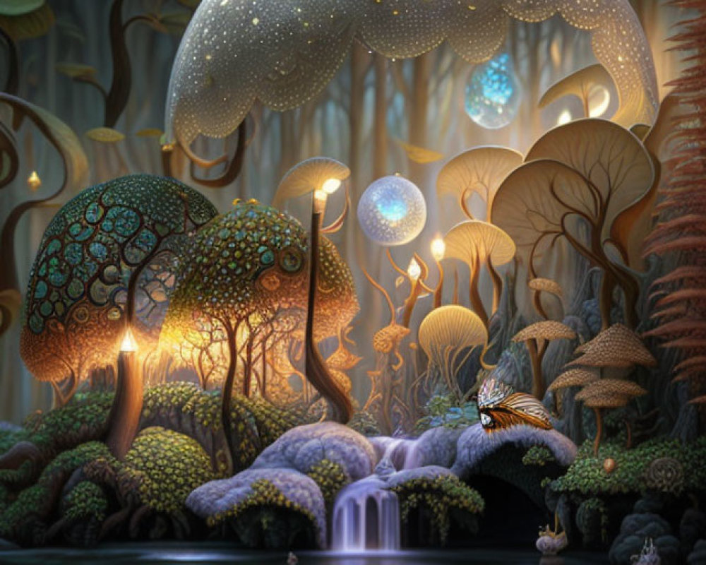 Fantasy forest with luminescent mushrooms, waterfall, reflective lake, starry sky.