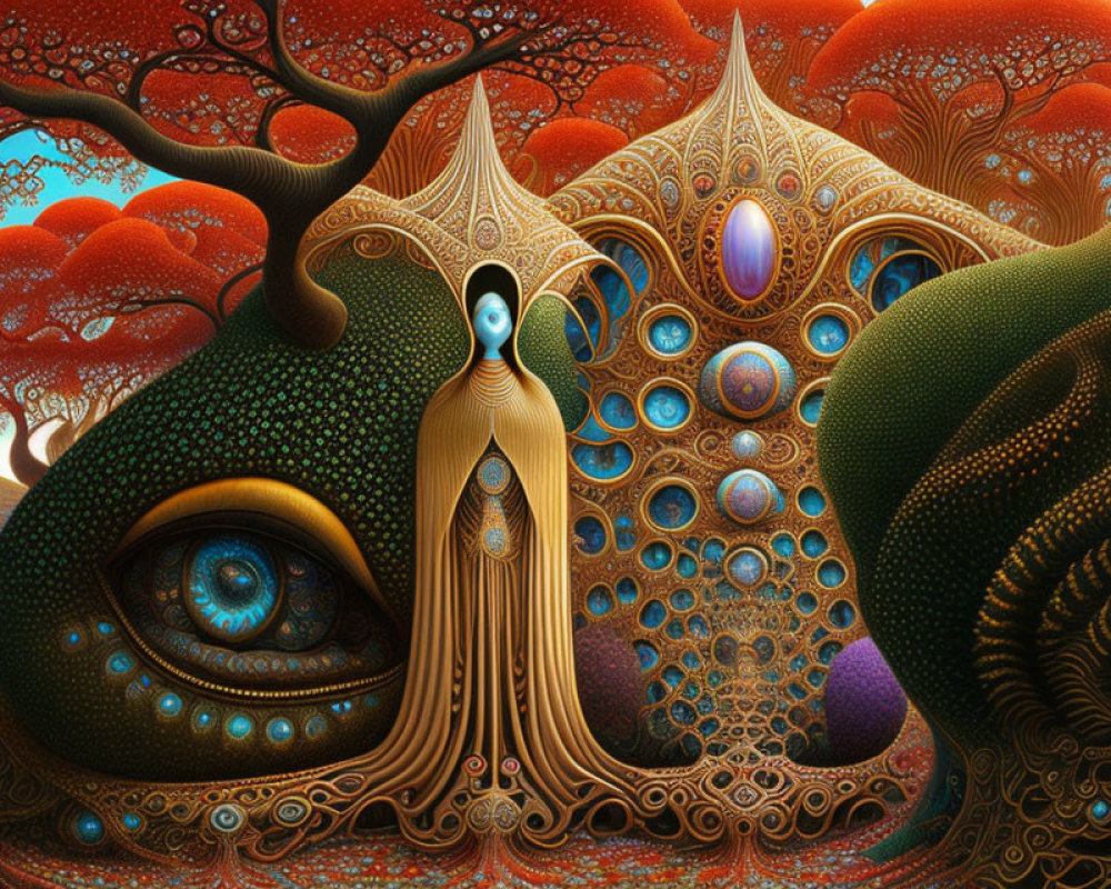 Surreal landscape with peacock entity, intricate tree, and robed figure