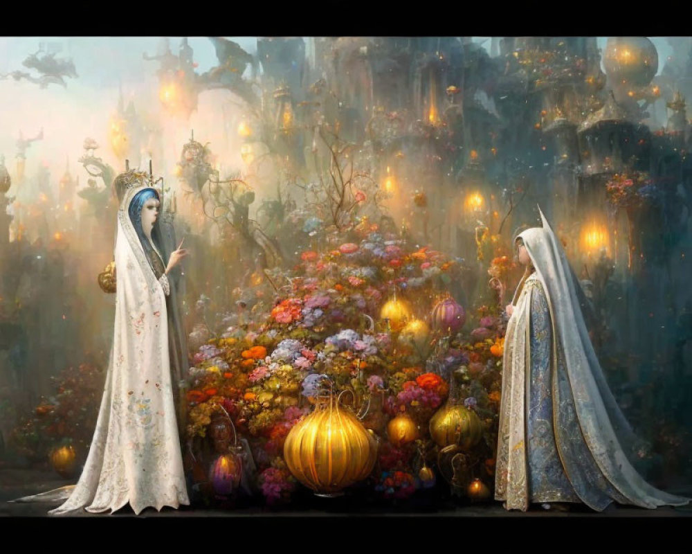 Ethereal artwork of two robed figures in magical forest