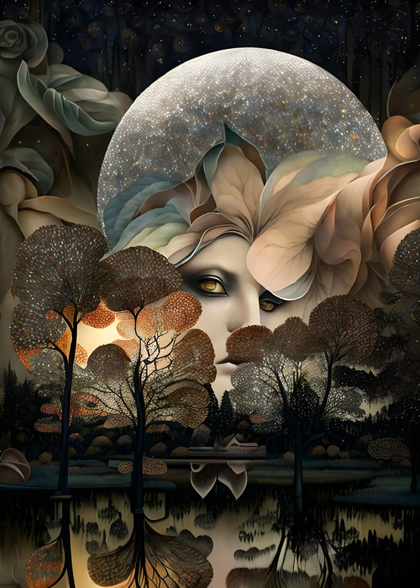 Fantasy illustration of face merging with night sky, trees, roses, pond.