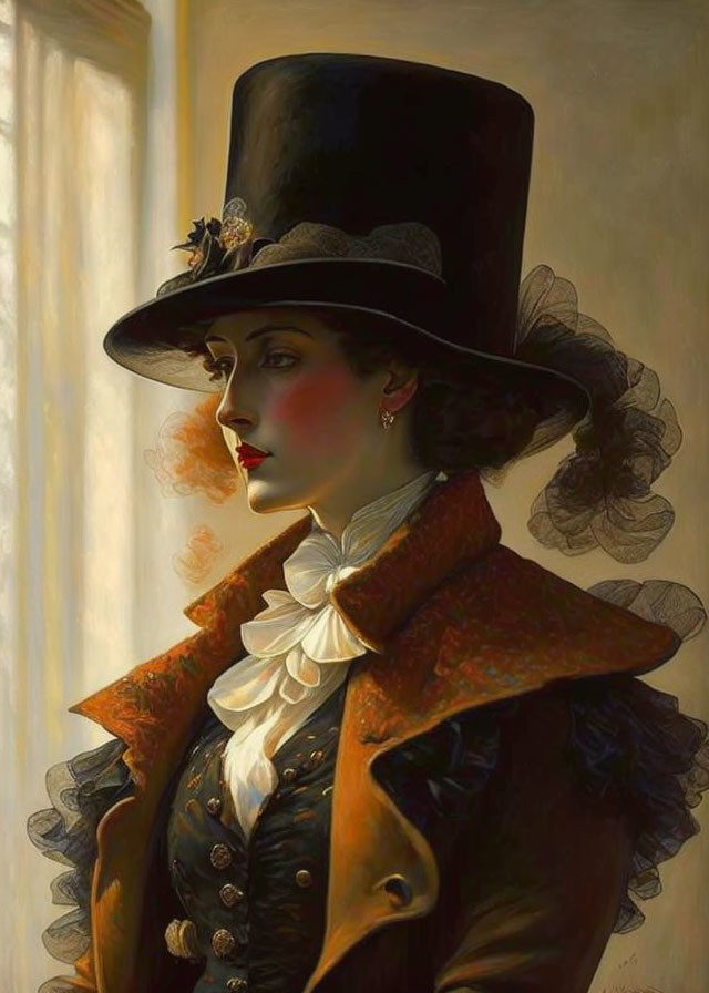 Vintage 19th-Century Style: Elegant Woman in Top Hat with Feather, Ornate Coat