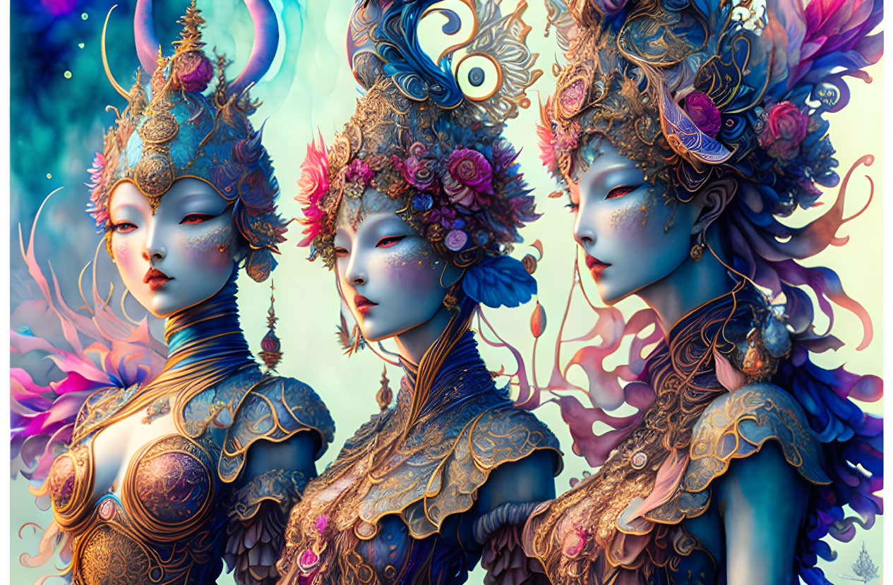 Three ornate female figures with intricate headdresses and body armor on blue background