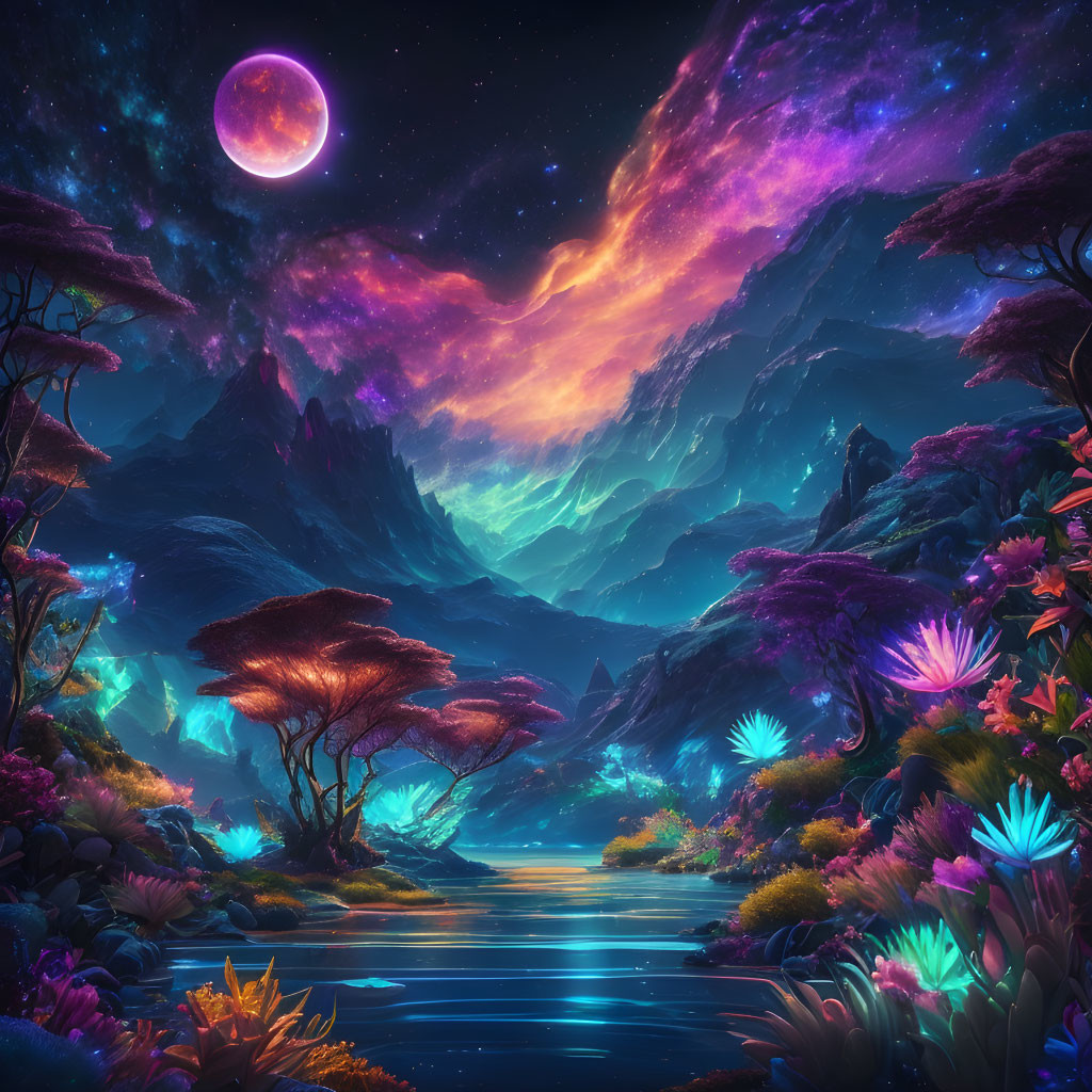 Colorful Fantasy Night Landscape with Glowing River