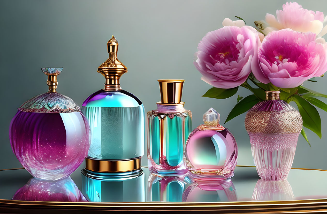 Five luxurious perfume bottles on reflective surface with pink peony flowers