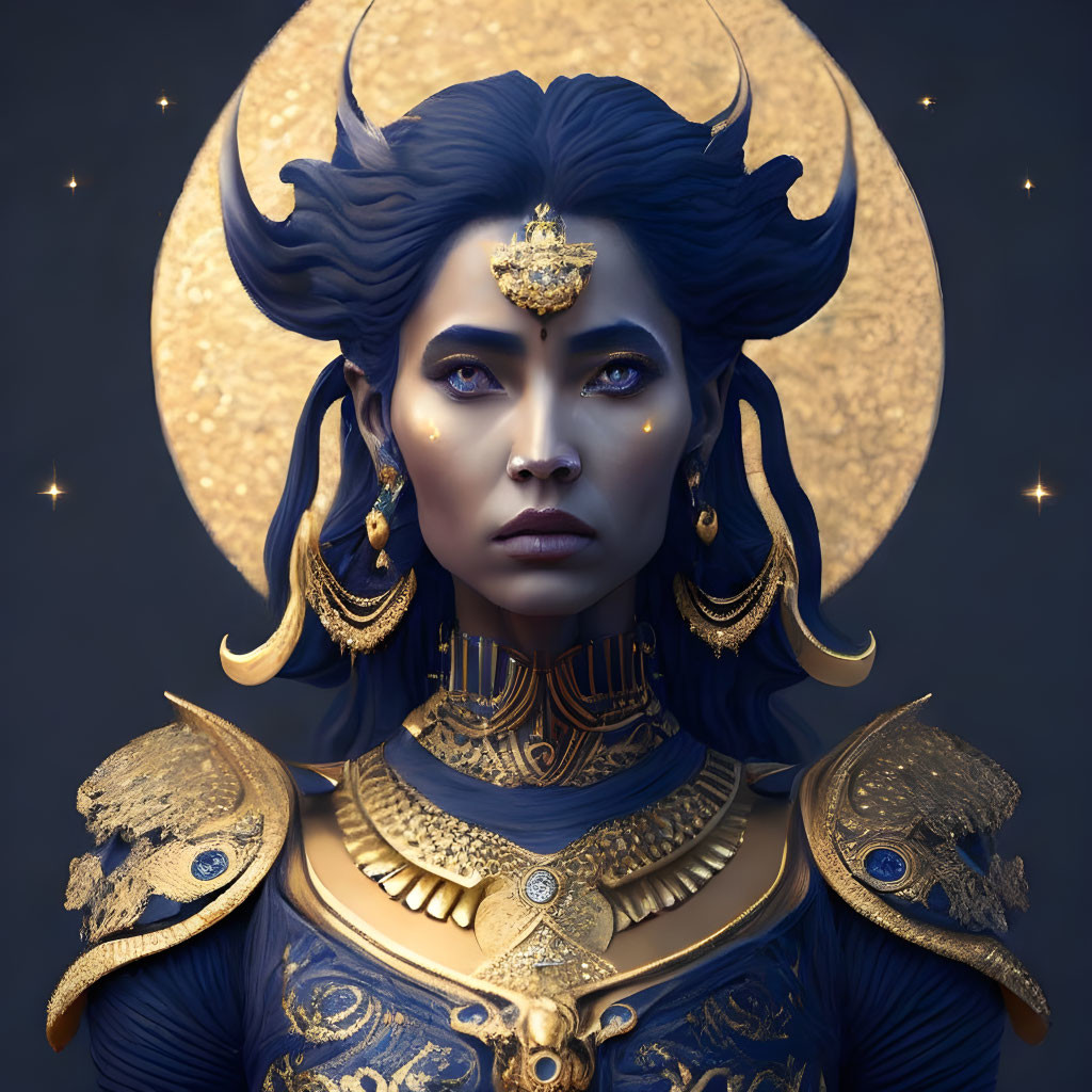 Fantasy character with blue skin in gold and blue armor with crescent moon horns on starry backdrop