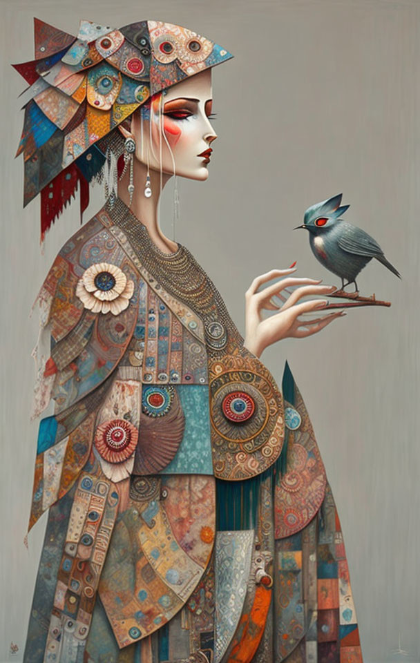 Detailed illustration of woman with geometric headdress and ornate garments next to fantastical bird