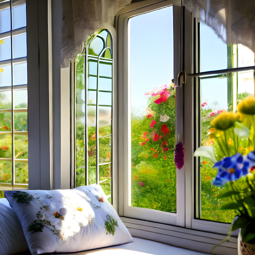 Window nook with decorative pillow overlooking vibrant garden