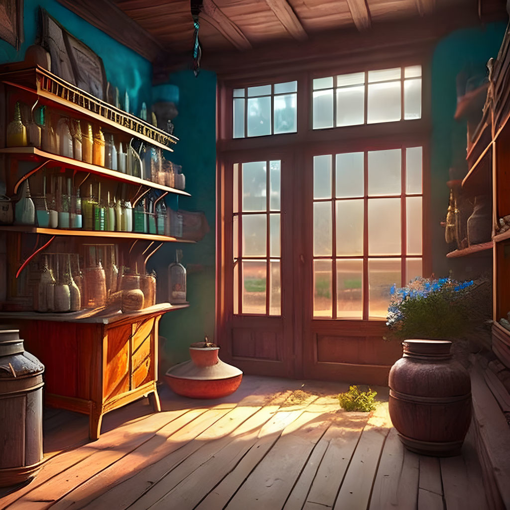 Sunlit room with wooden floors, window, shelves, jars, blue wall