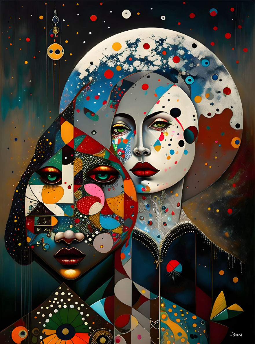 Vibrant surrealist painting of overlapping female faces with cosmic elements