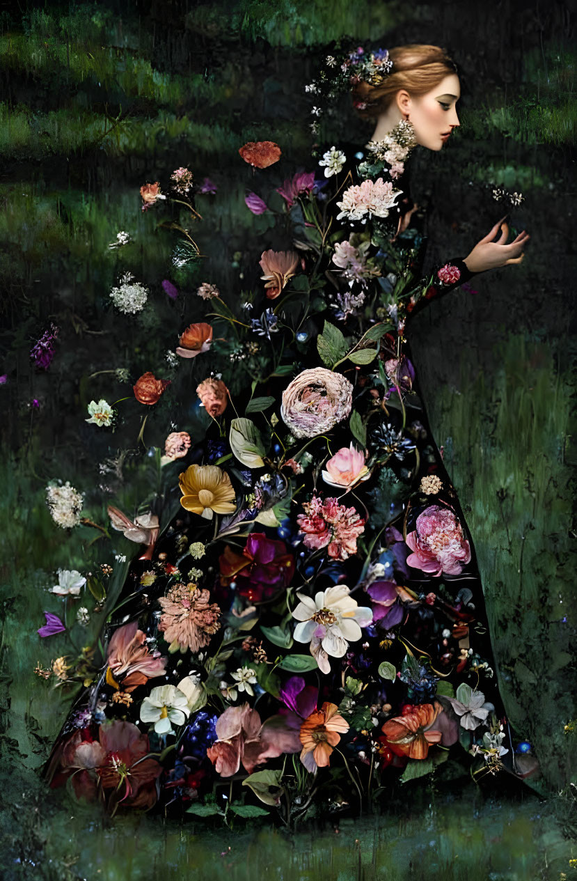 Woman in flower-adorned dress blending with dark floral background