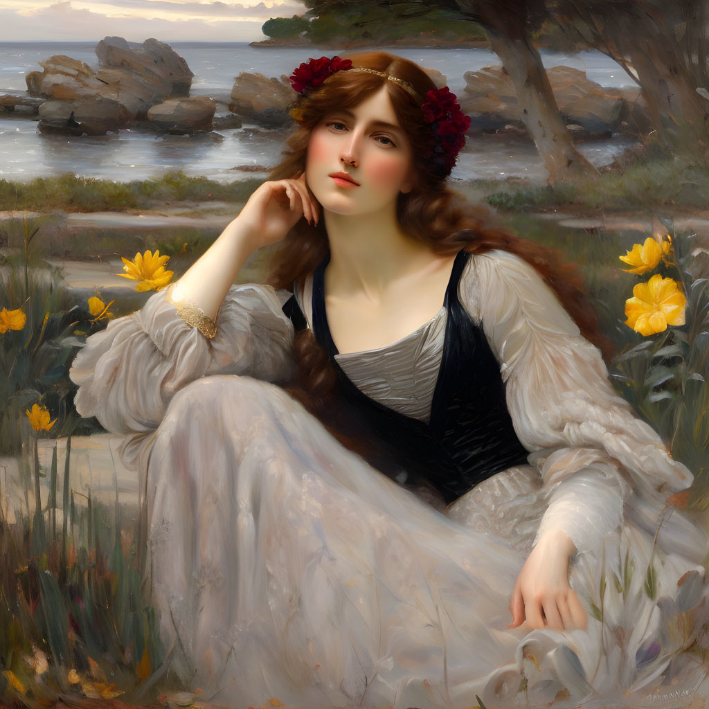 Young woman in white dress and red floral wreath by sea at dusk