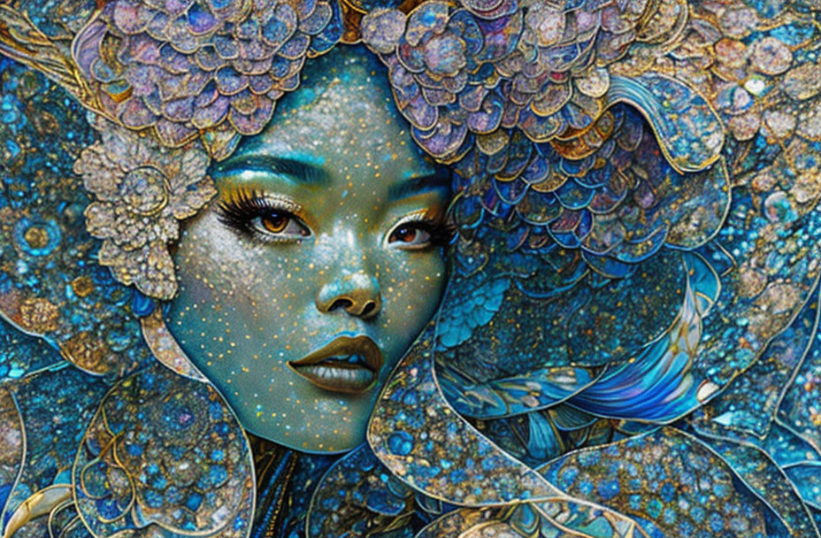 Illustration of woman with blue skin in mystical setting