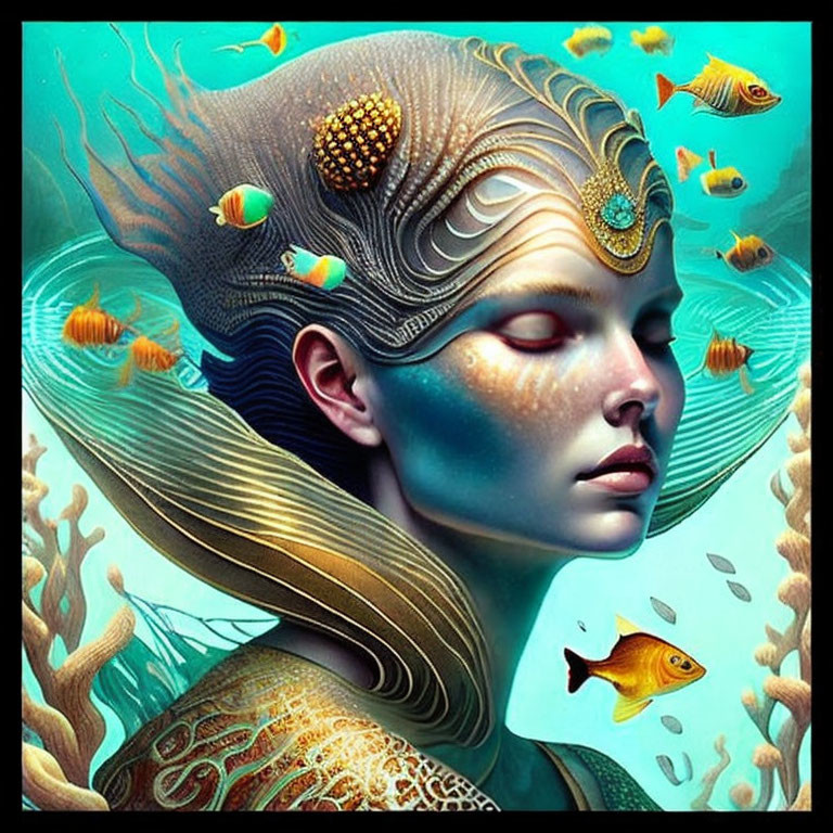 Surreal portrait of a woman with aquatic elements and vibrant fish