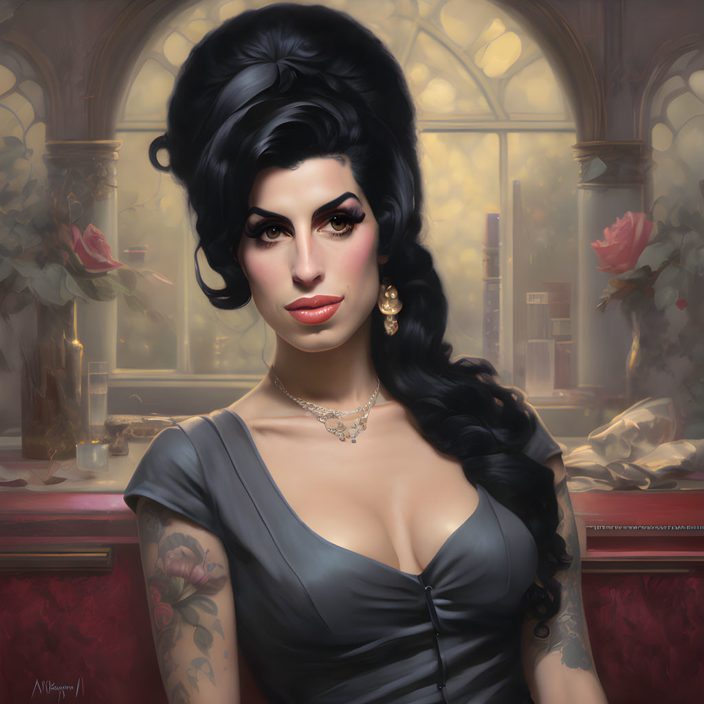 Stylized portrait of woman with updo, gray dress, tattoos, in room with roses.