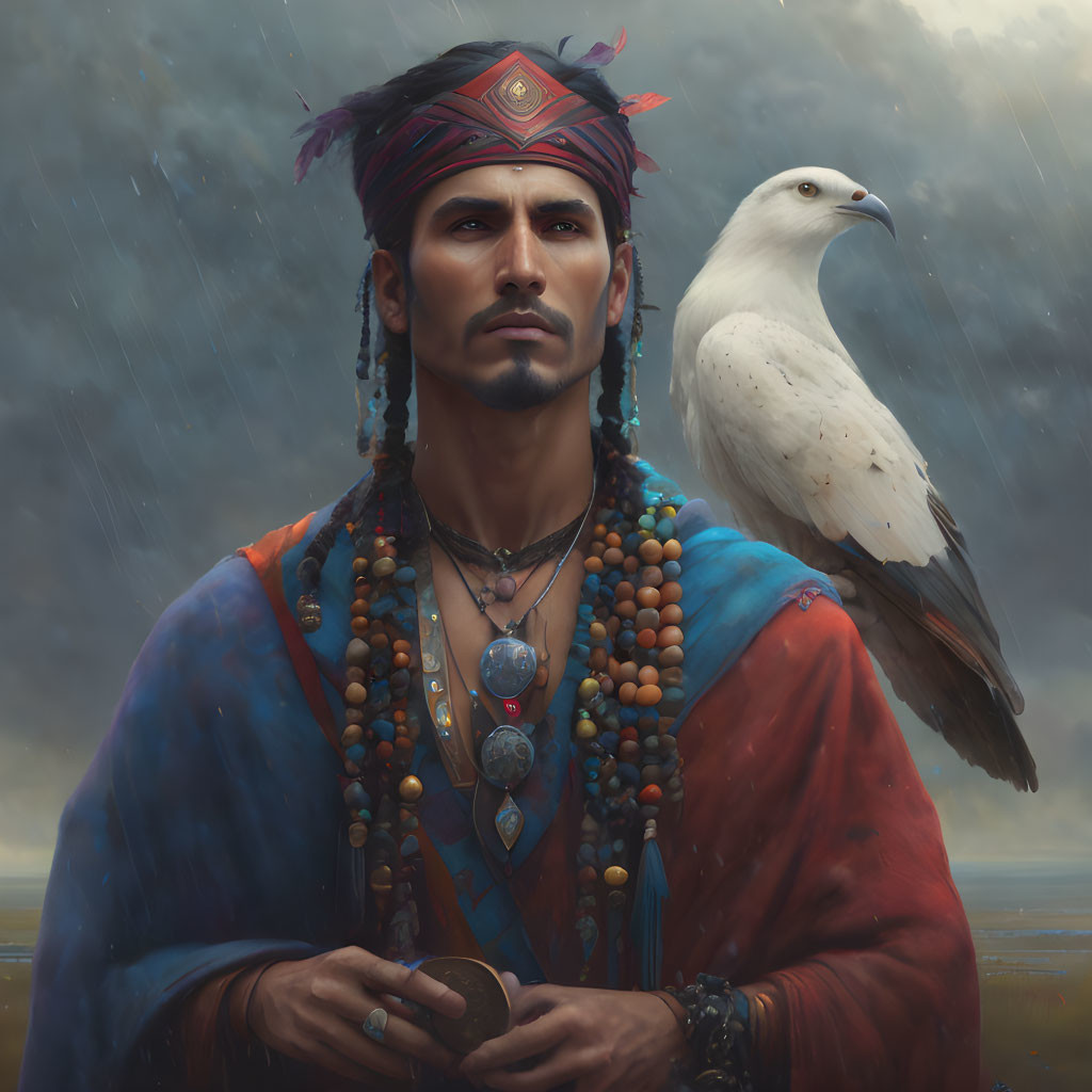 Man with headband and jewelry poses with white hawk in misty landscape